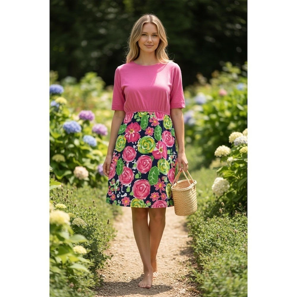 Simply Southern Dress Women XL Pink Floral Fit & Flare Knee S/S vacation resort